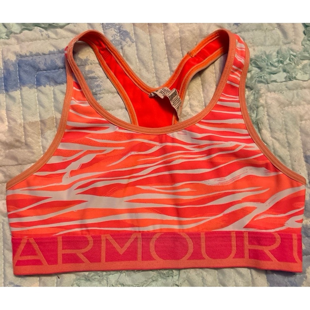 Under Armour HeatGear Girl's Neon Orange Zebra Sports Bra, Youth Large
